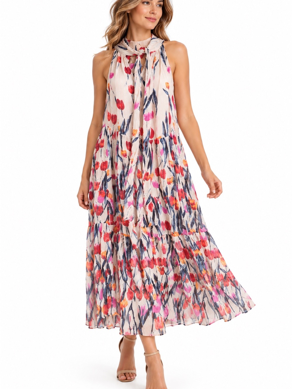 Aratta Floral Tie-Neck Midi Dress - Cream, Pink, Red & Navy